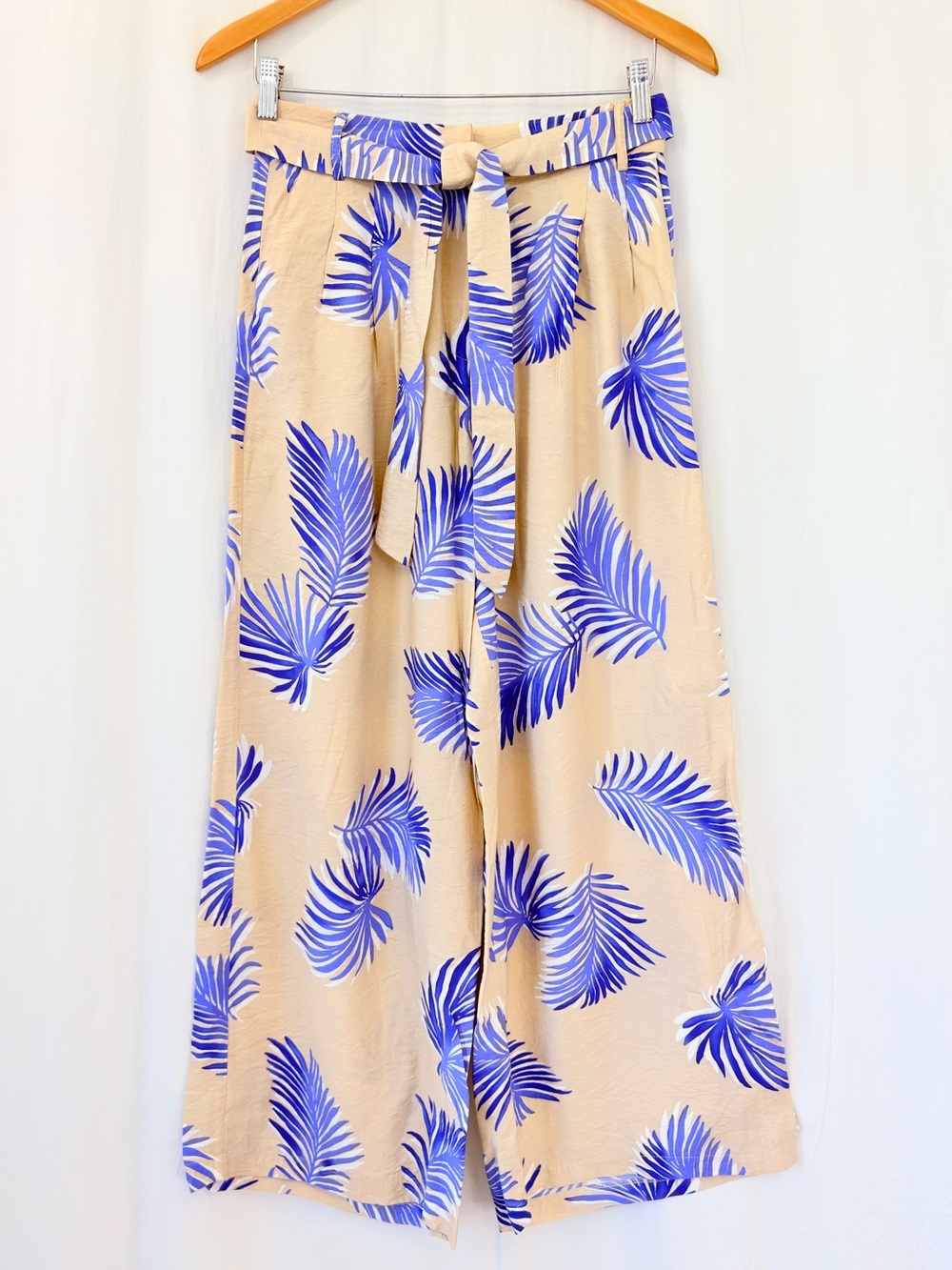 FRNCH Paris Audelle High Waisted Wide Leg Culottes Pants Blue Palm Print Medium